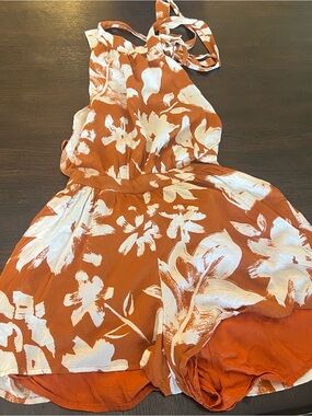 Free People XS Floral Halter Romper Orange Cream Wedding Guest Boho Summer
